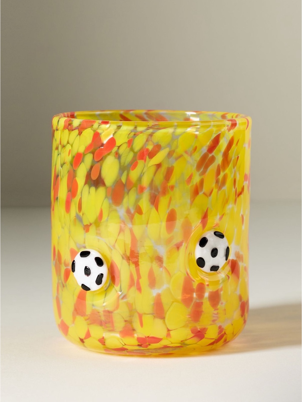 Anthropolgie Yellow and Orange Soccer Ball Icon Juice Glass NWT